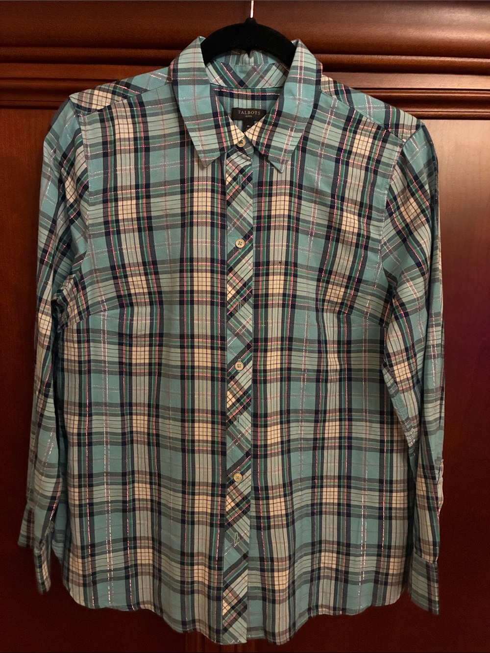 Talbots womens Teal Plaid Button-Up Shirt